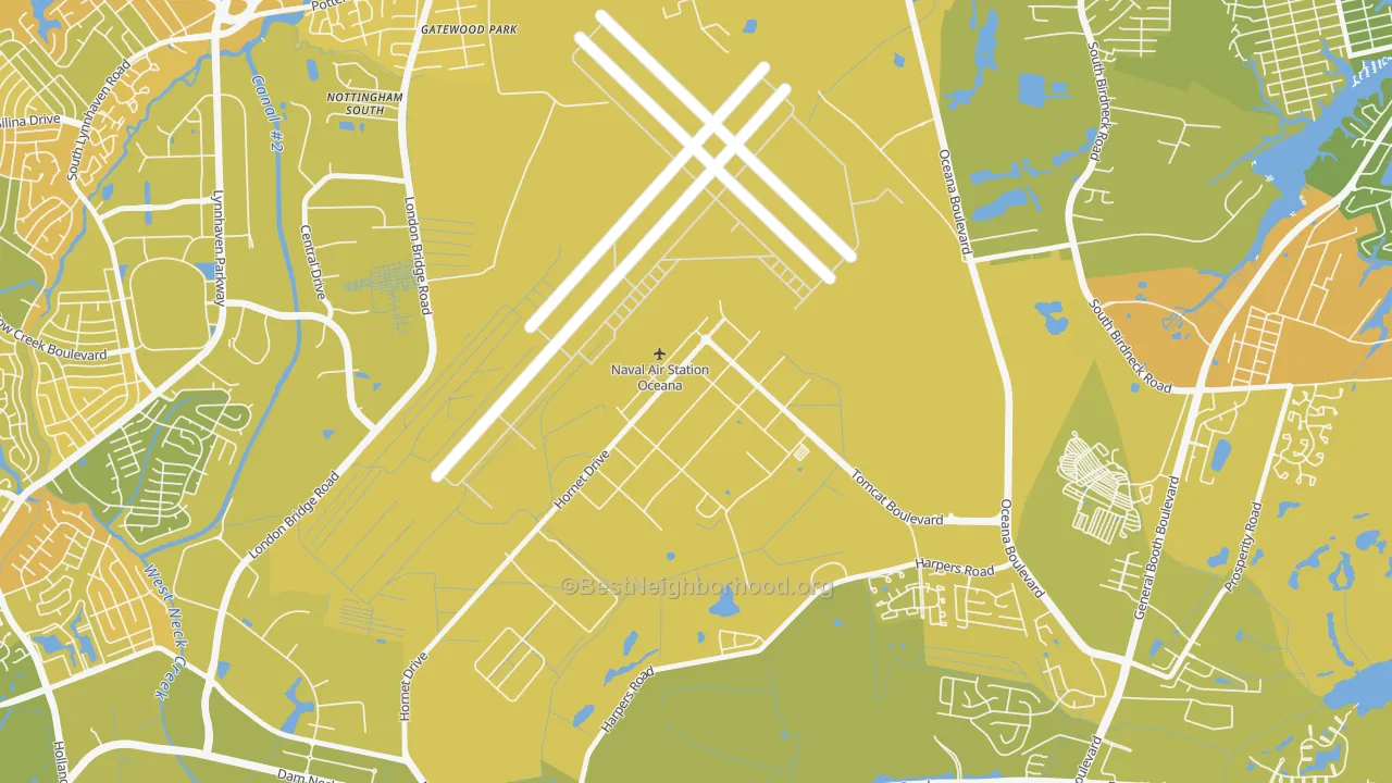 Map of the best neighborhoods in the 23460 area, with better matches in green and worse matches in red