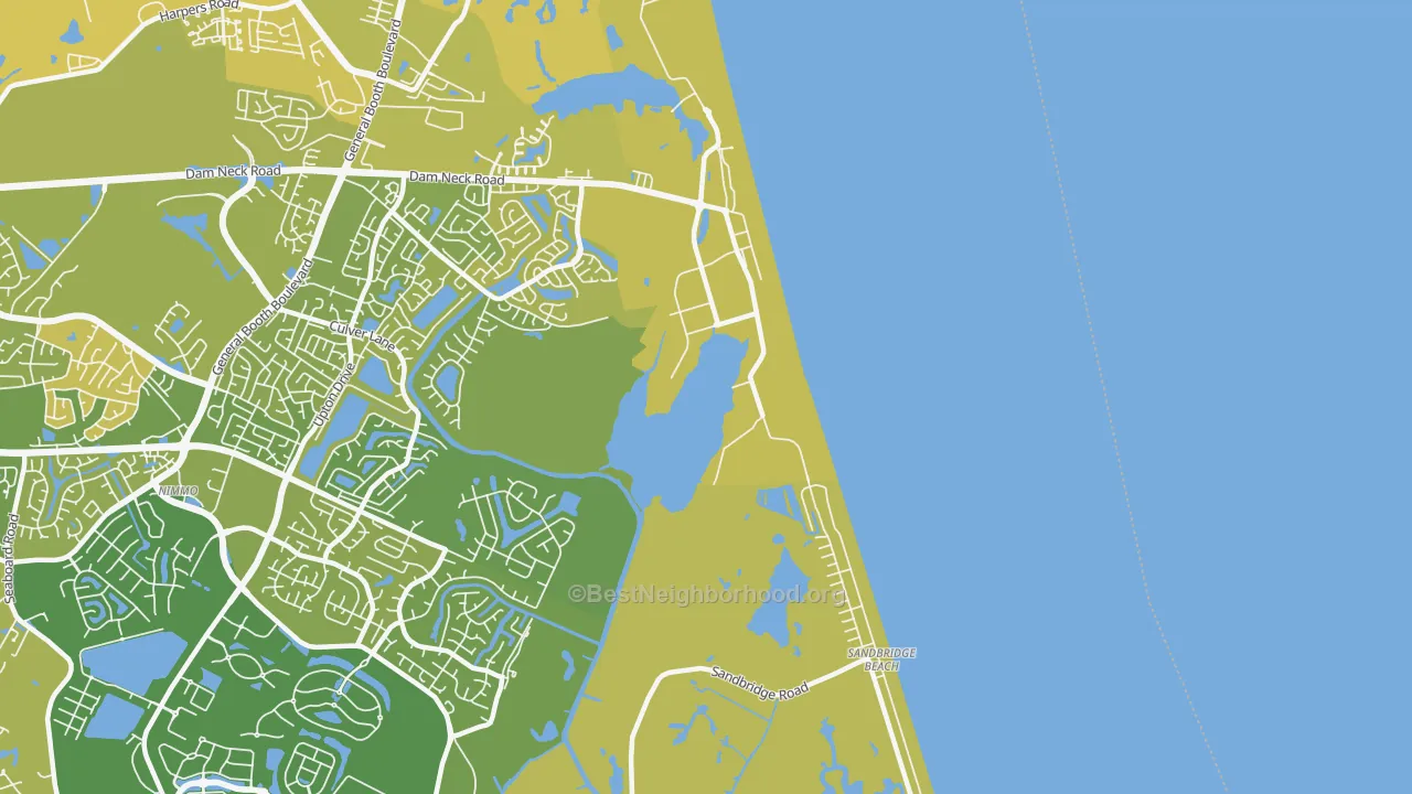 Map of the best neighborhoods in the 23461 area, with better matches in green and worse matches in red