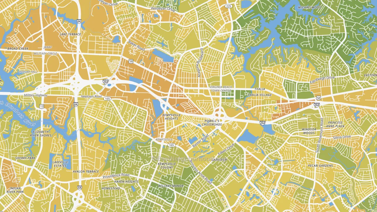 Map of the best neighborhoods in the 23462 area, with better matches in green and worse matches in red