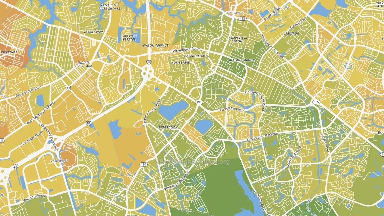 Map of the best neighborhoods in the 23464 area, with better matches in green and worse matches in red