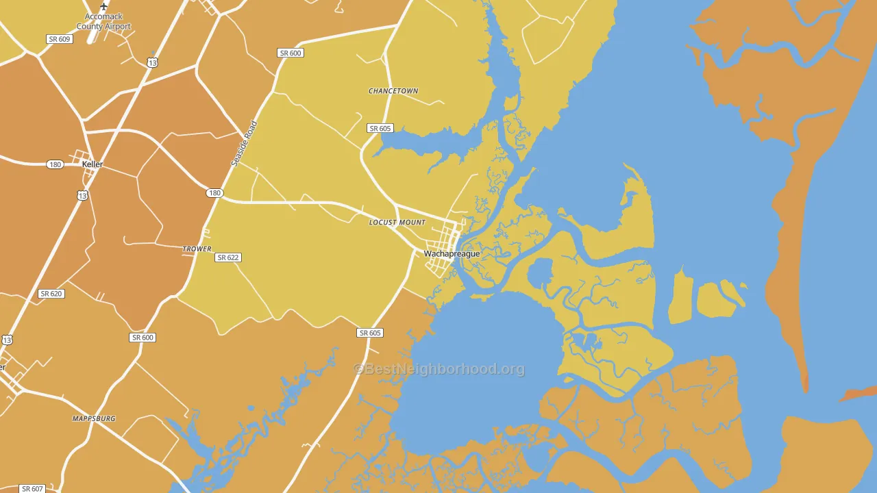 Map of the best neighborhoods in the 23480 area, with better matches in green and worse matches in red