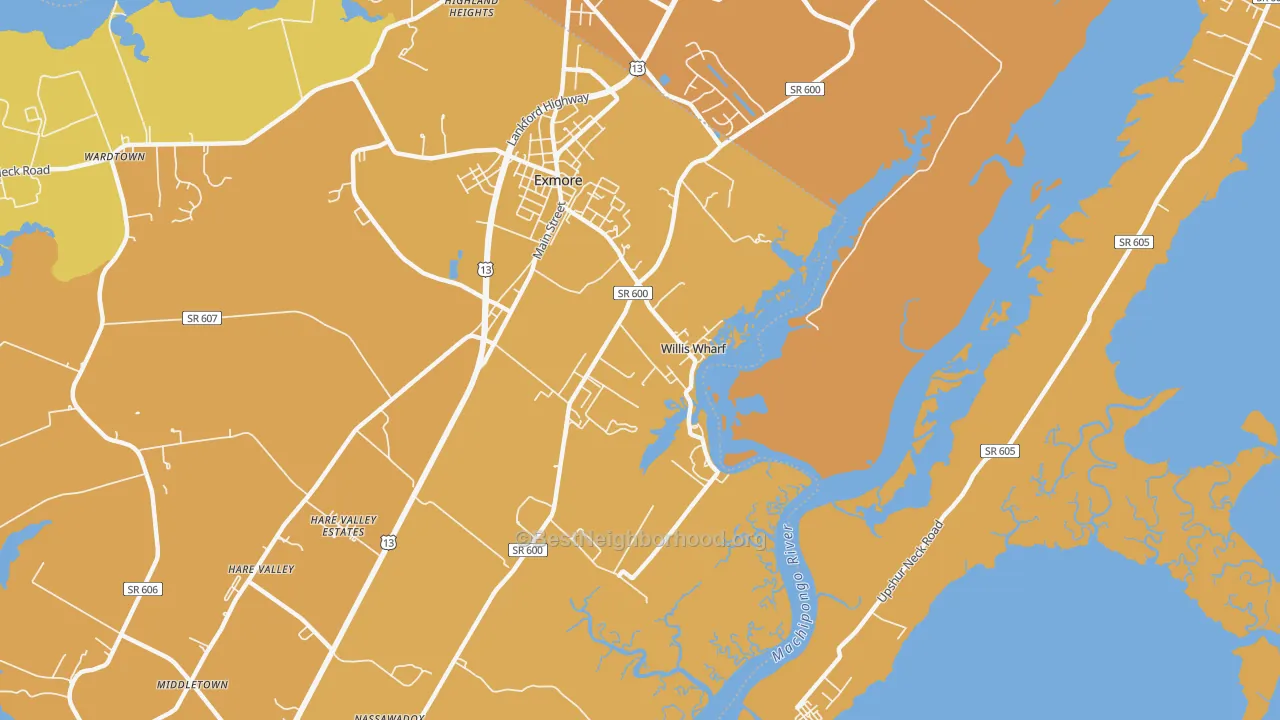 Map of the best neighborhoods in the 23486 area, with better matches in green and worse matches in red