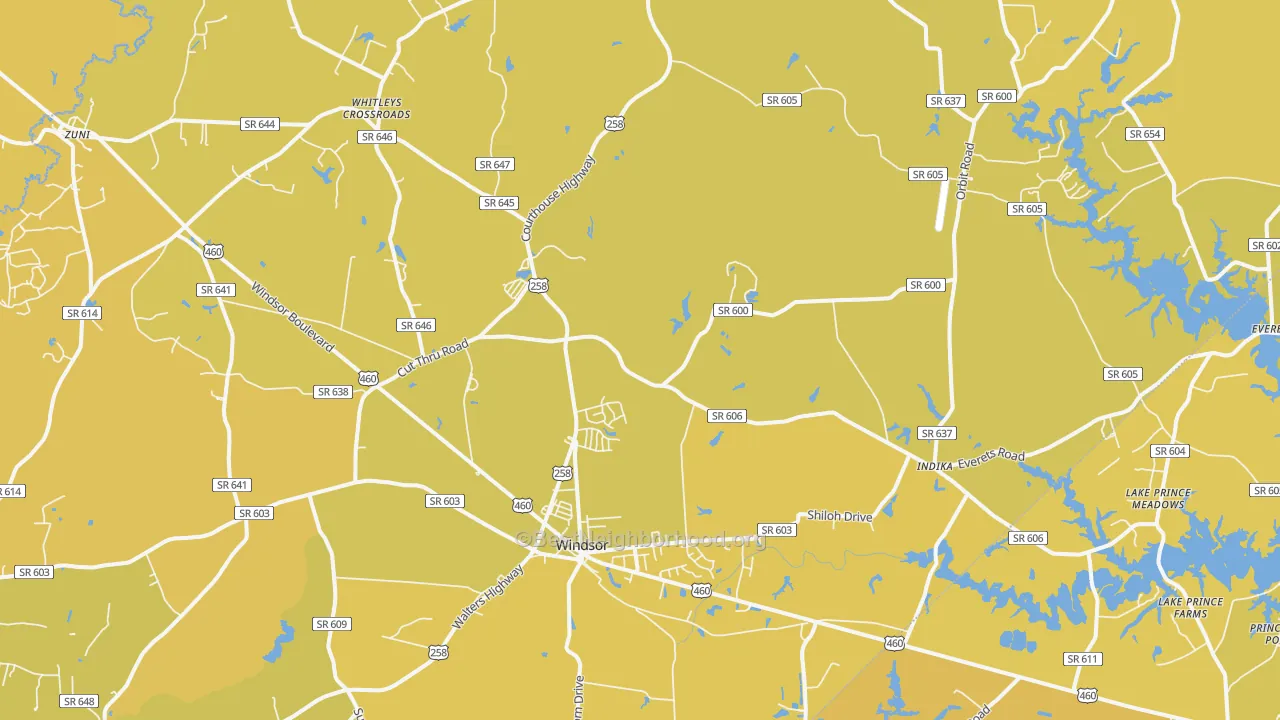 Map of the best neighborhoods in the 23487 area, with better matches in green and worse matches in red
