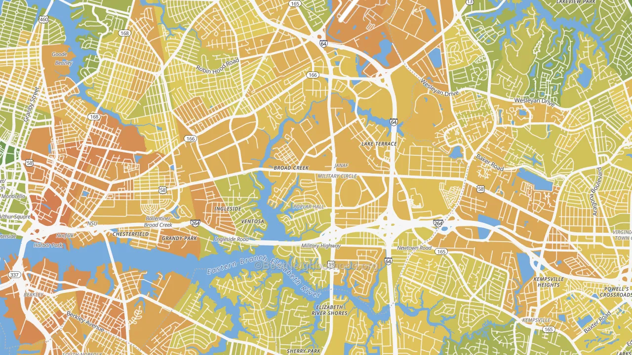 Map of the best neighborhoods in the 23502 area, with better matches in green and worse matches in red