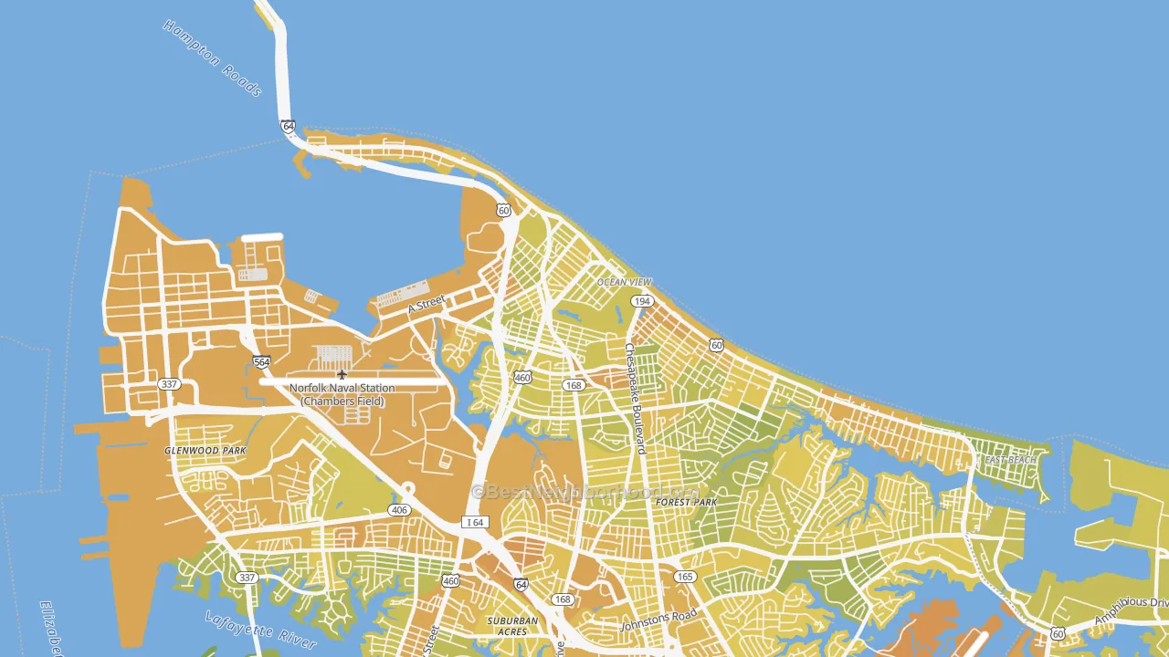 Map of the best neighborhoods in the 23503 area, with better matches in green and worse matches in red