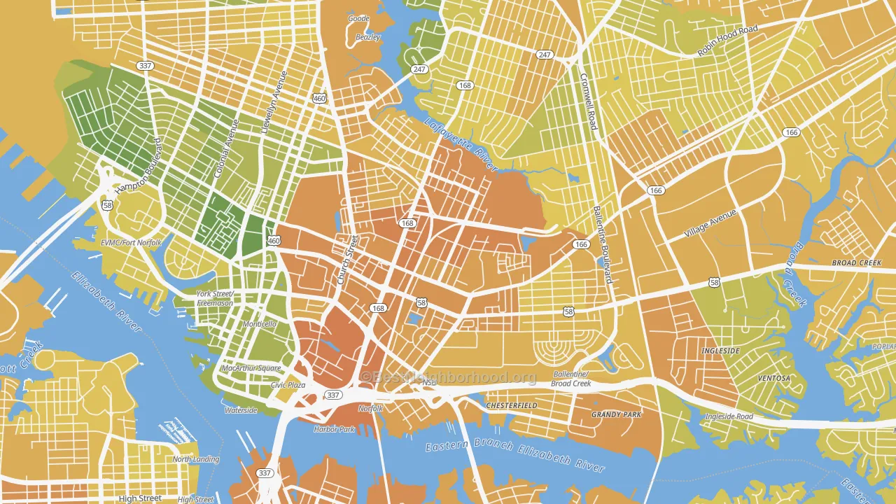 Map of the best neighborhoods in the 23504 area, with better matches in green and worse matches in red