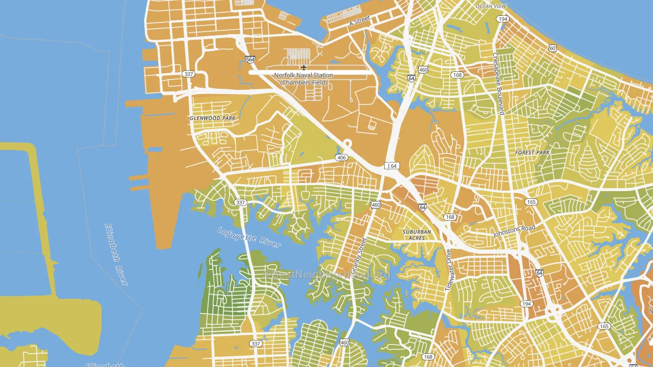 Map of the best neighborhoods in the 23505 area, with better matches in green and worse matches in red