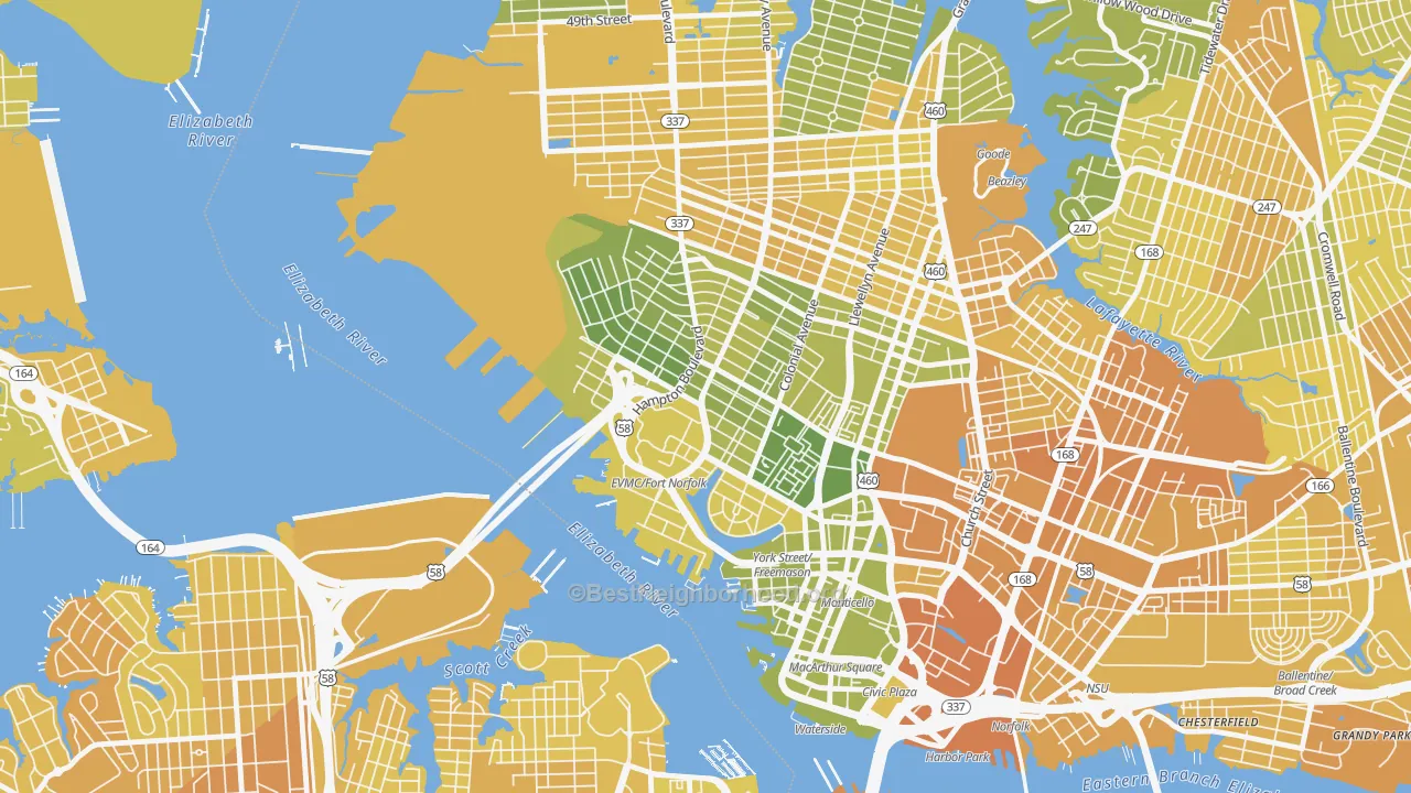 Map of the best neighborhoods in the 23507 area, with better matches in green and worse matches in red