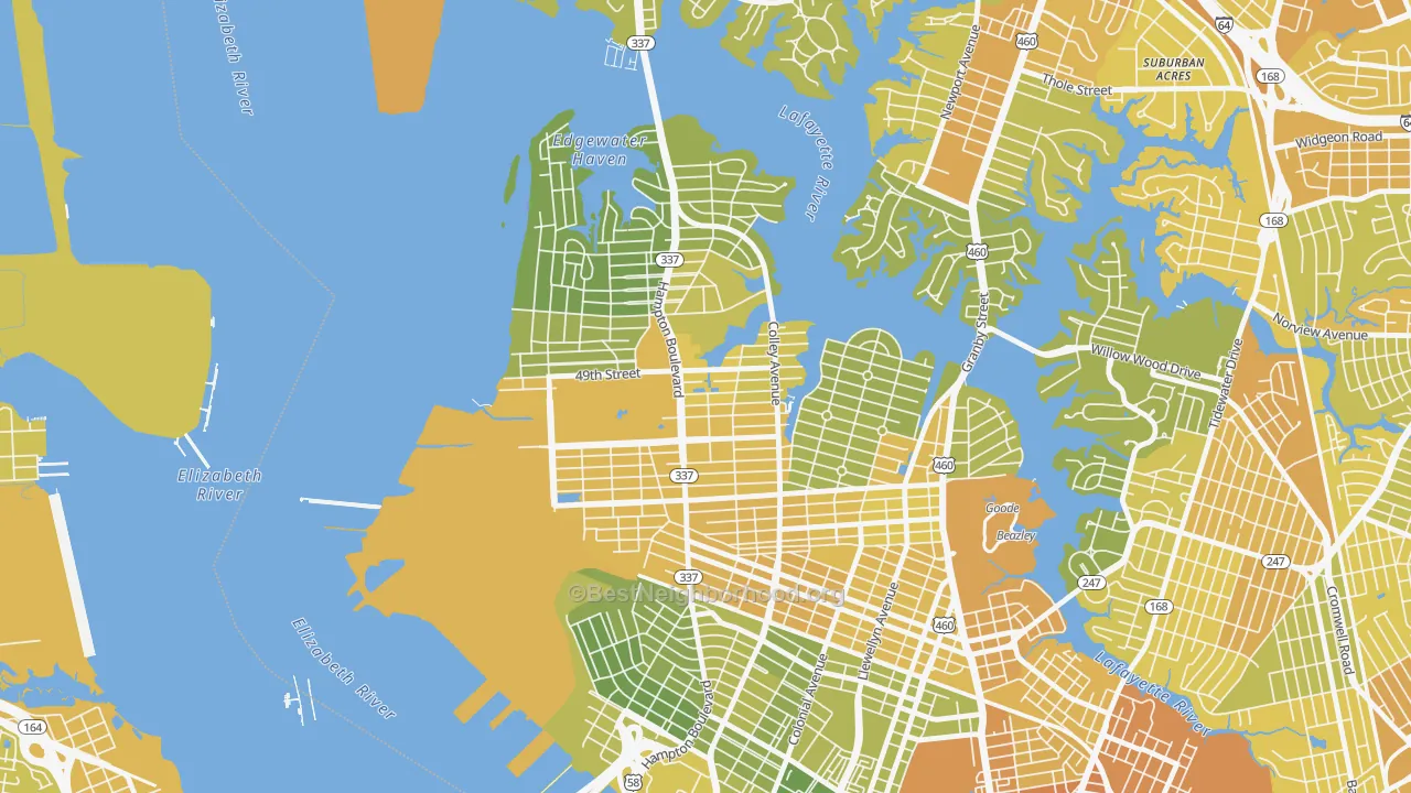 Map of the best neighborhoods in the 23508 area, with better matches in green and worse matches in red