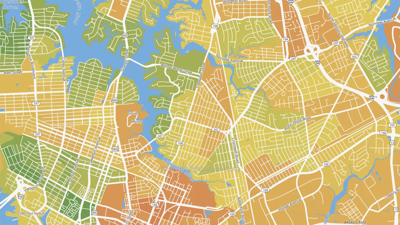 Map of the best neighborhoods in the 23509 area, with better matches in green and worse matches in red