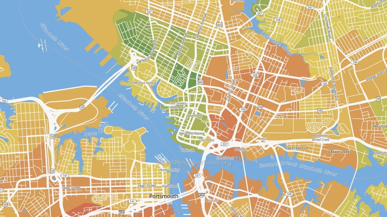 Map of the best neighborhoods in the 23510 area, with better matches in green and worse matches in red