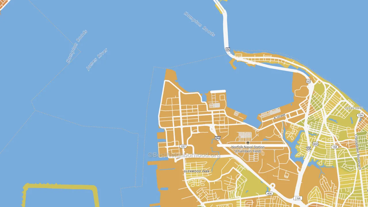 Map of the best neighborhoods in the 23511 area, with better matches in green and worse matches in red
