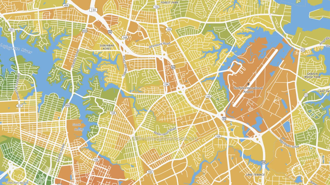 Map of the best neighborhoods in the 23513 area, with better matches in green and worse matches in red