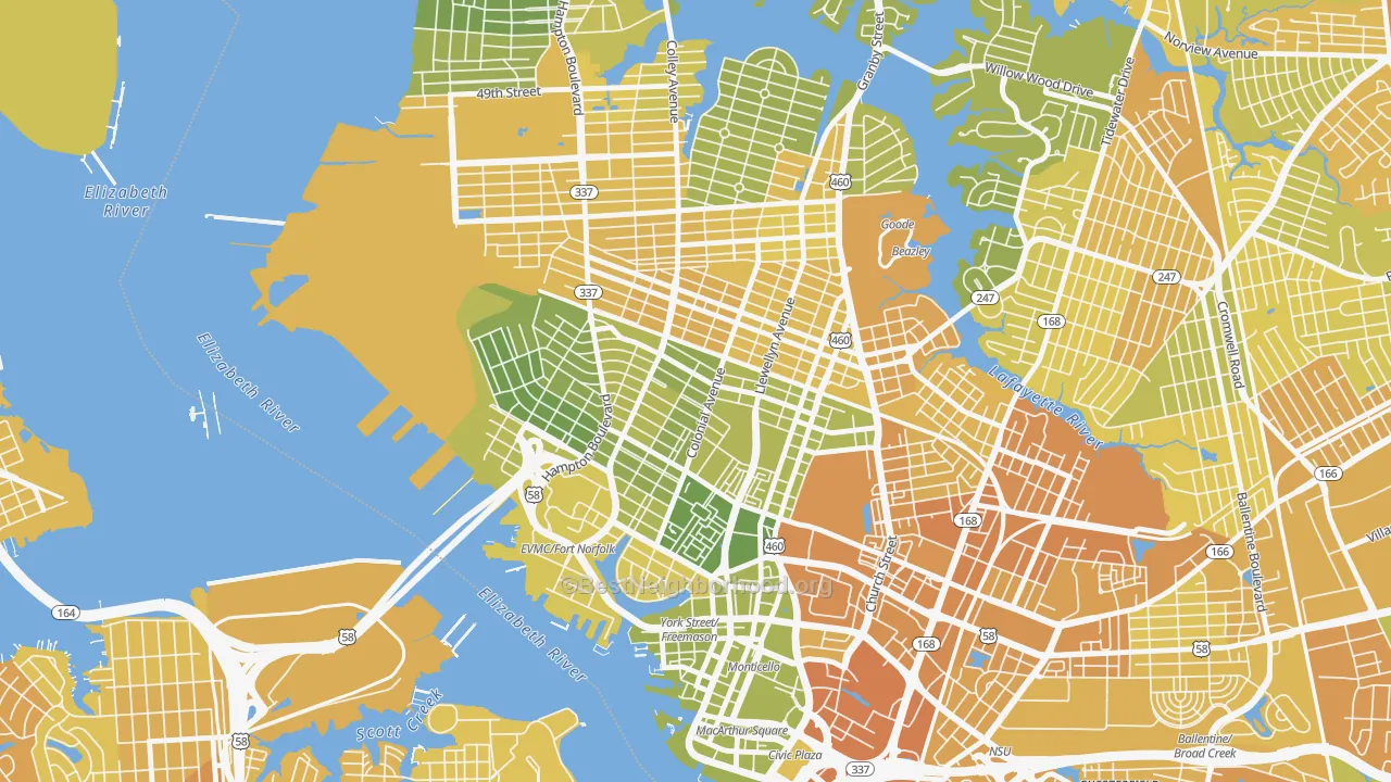 Map of the best neighborhoods in the 23517 area, with better matches in green and worse matches in red