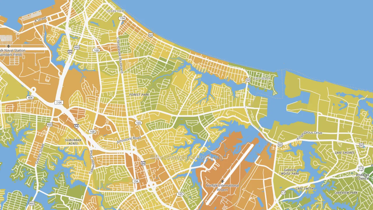 Map of the best neighborhoods in the 23518 area, with better matches in green and worse matches in red