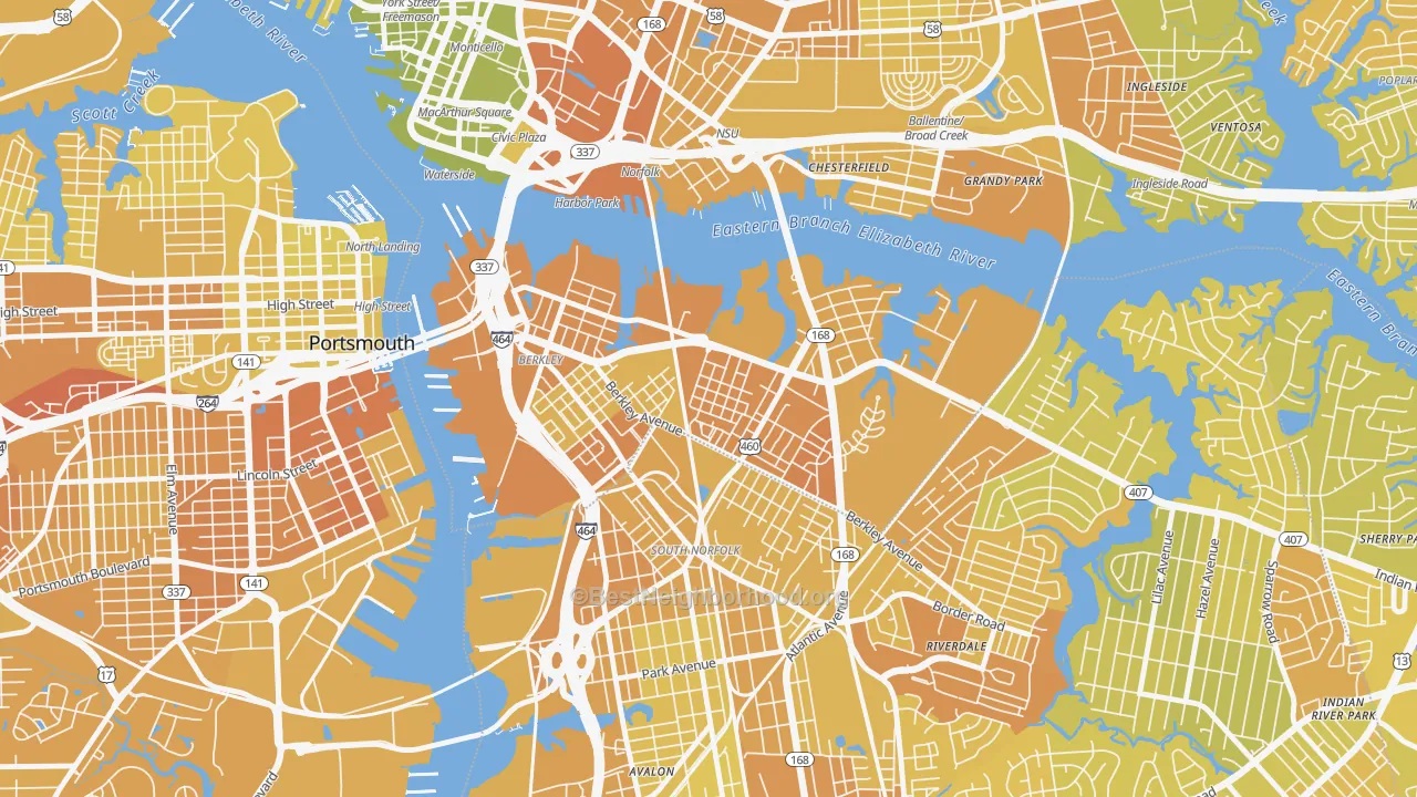 Map of the best neighborhoods in the 23523 area, with better matches in green and worse matches in red