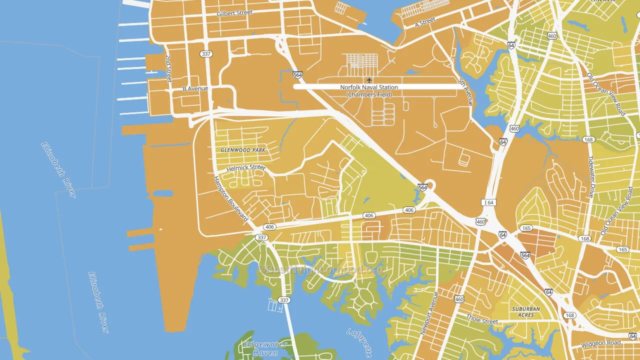 Map of the best neighborhoods in the 23551 area, with better matches in green and worse matches in red