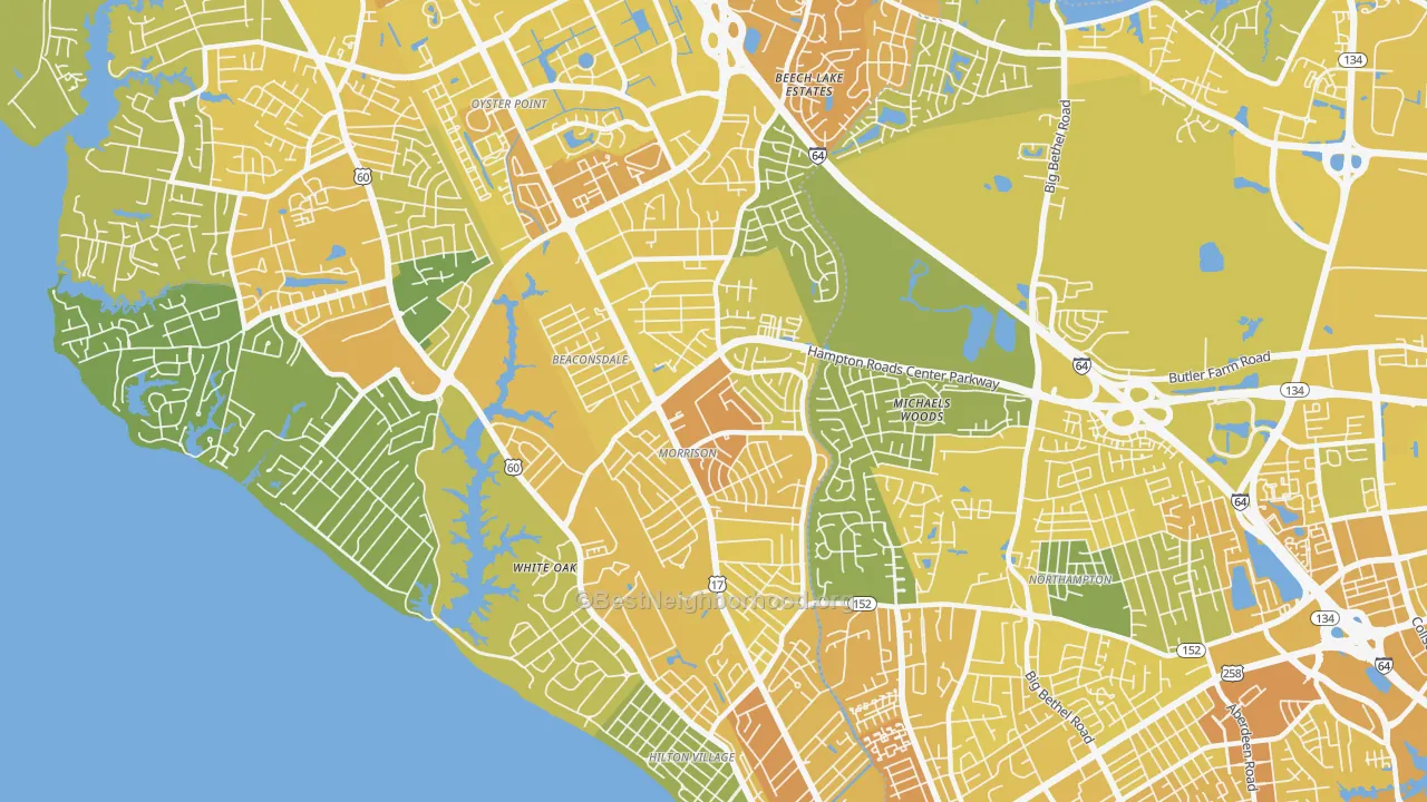 Map of the best neighborhoods in the 23601 area, with better matches in green and worse matches in red