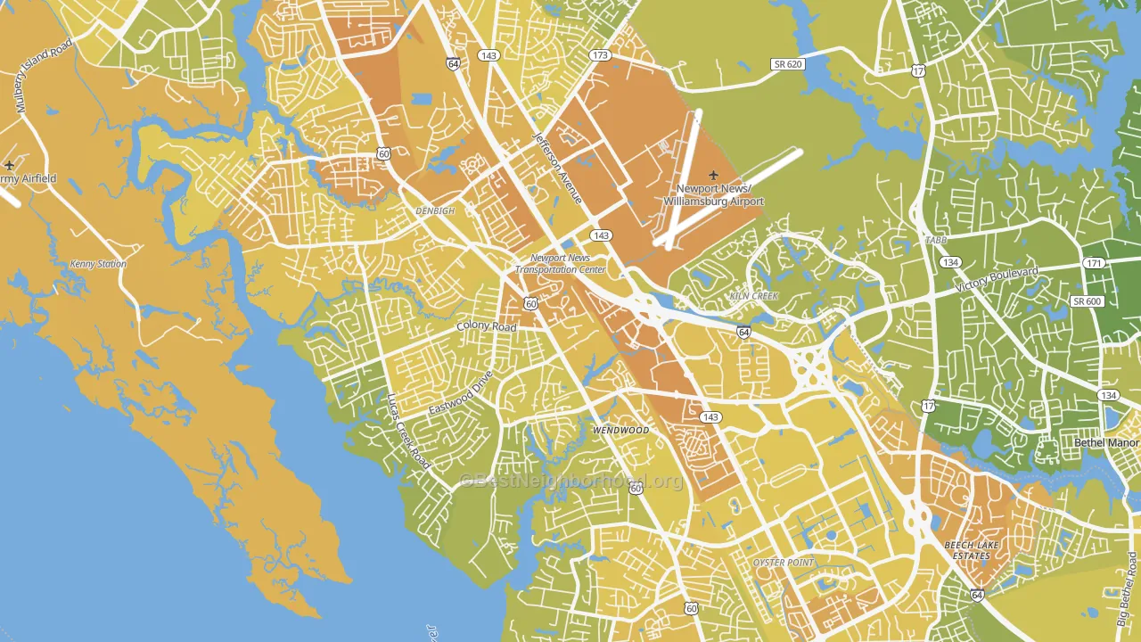 Map of the best neighborhoods in the 23602 area, with better matches in green and worse matches in red