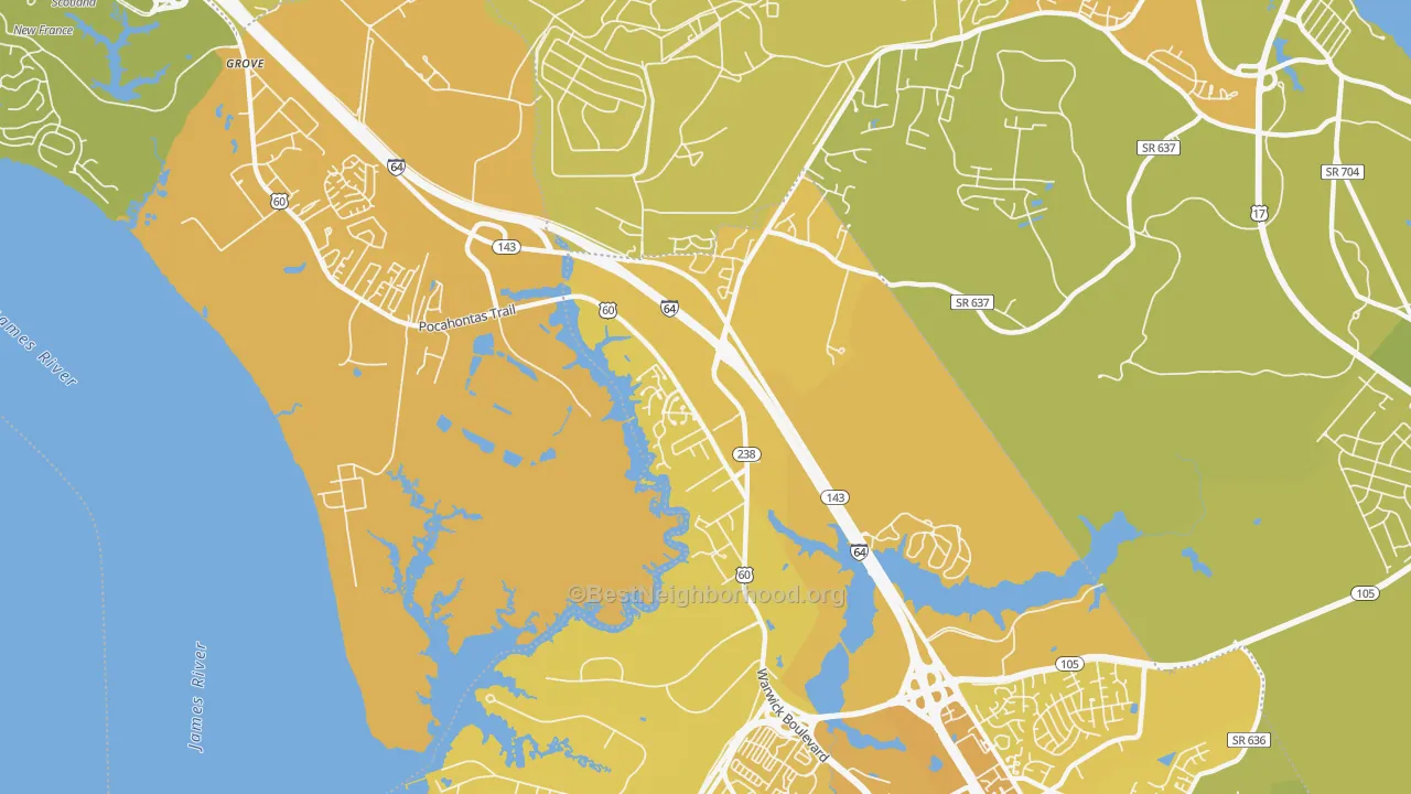 Map of the best neighborhoods in the 23603 area, with better matches in green and worse matches in red