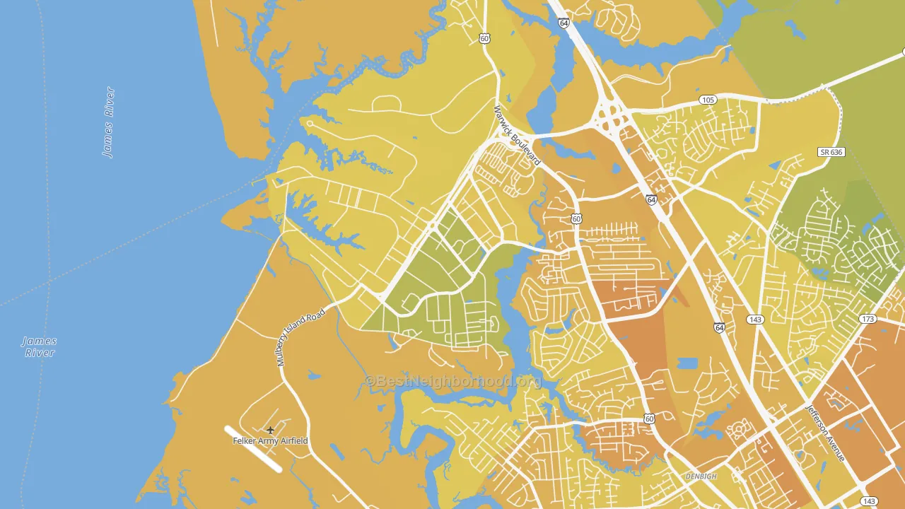 Map of the best neighborhoods in the 23604 area, with better matches in green and worse matches in red