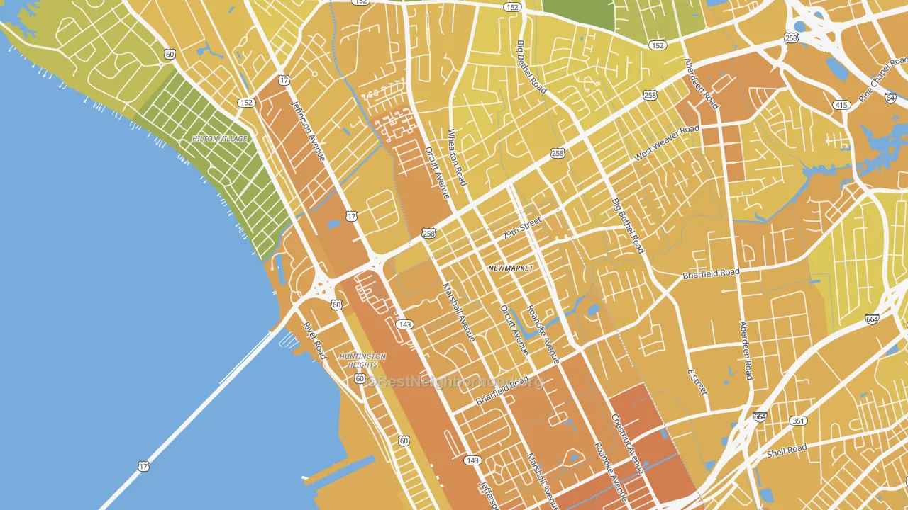 Map of the best neighborhoods in the 23605 area, with better matches in green and worse matches in red