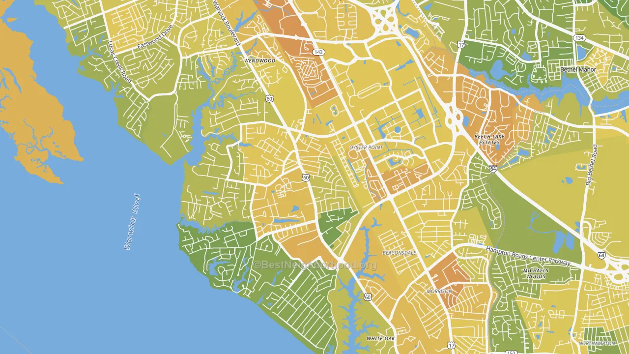 Map of the best neighborhoods in the 23606 area, with better matches in green and worse matches in red
