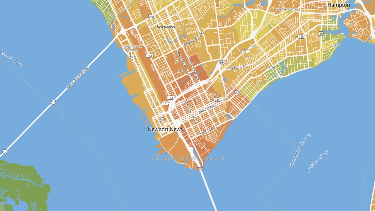 Map of the best neighborhoods in the 23607 area, with better matches in green and worse matches in red