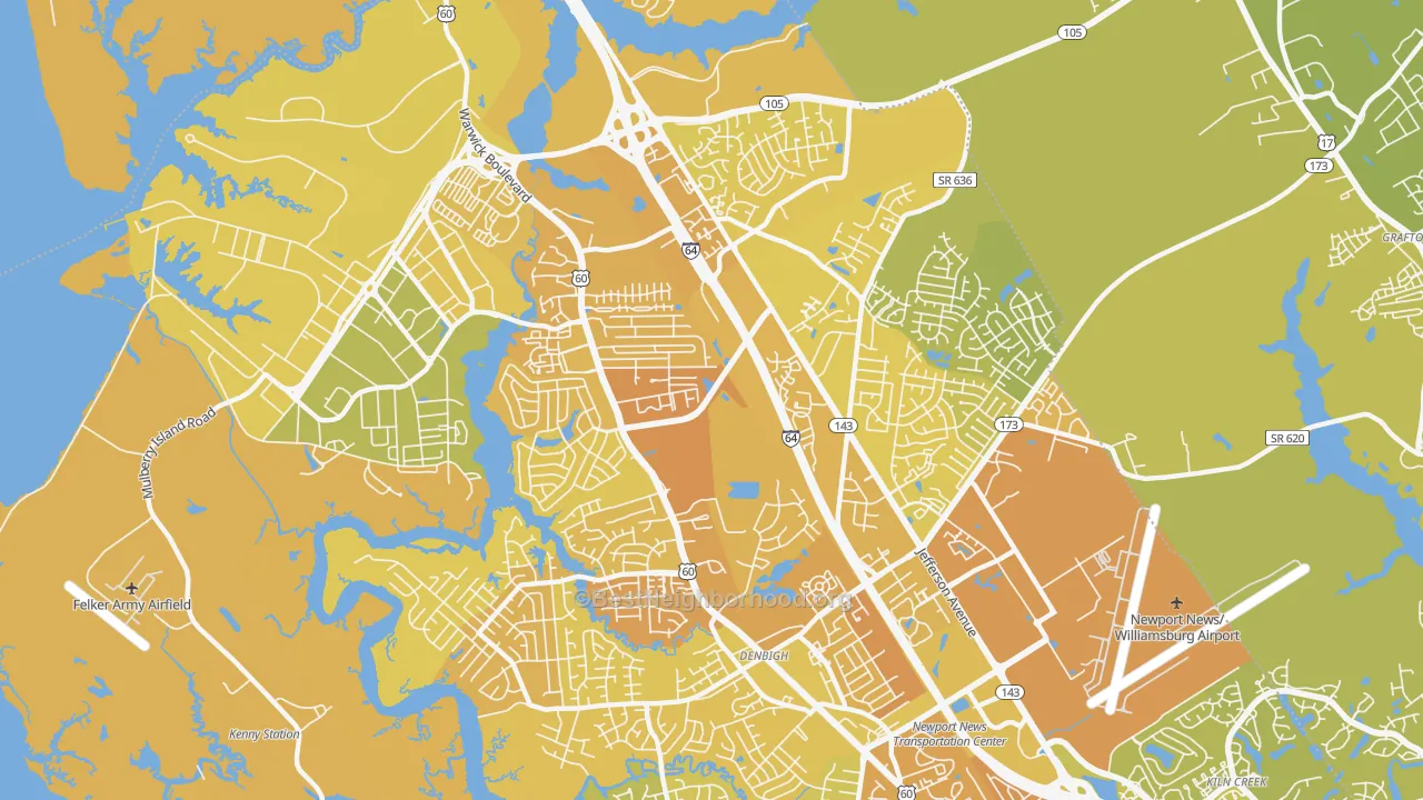 Map of the best neighborhoods in the 23608 area, with better matches in green and worse matches in red