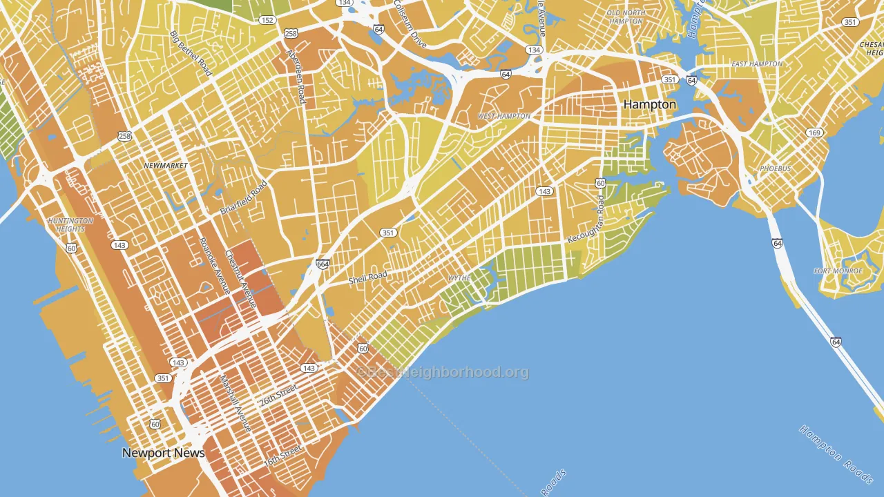 Map of the best neighborhoods in the 23661 area, with better matches in green and worse matches in red
