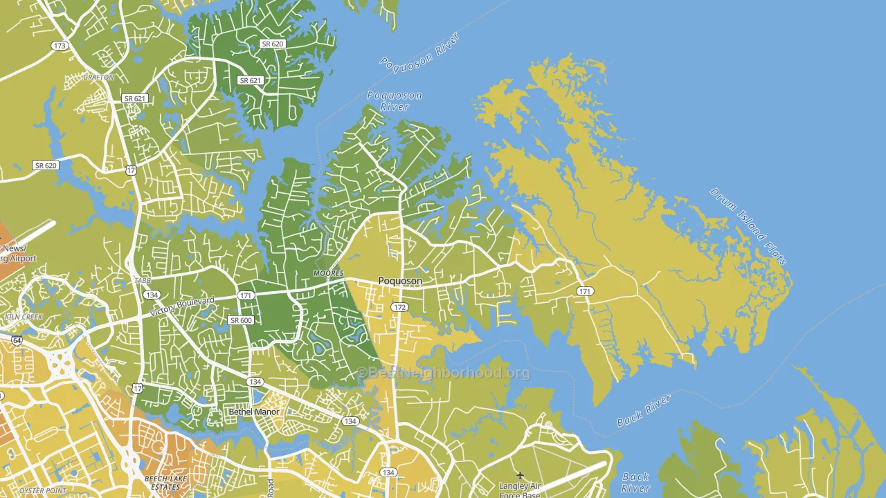 Map of the best neighborhoods in the 23662 area, with better matches in green and worse matches in red