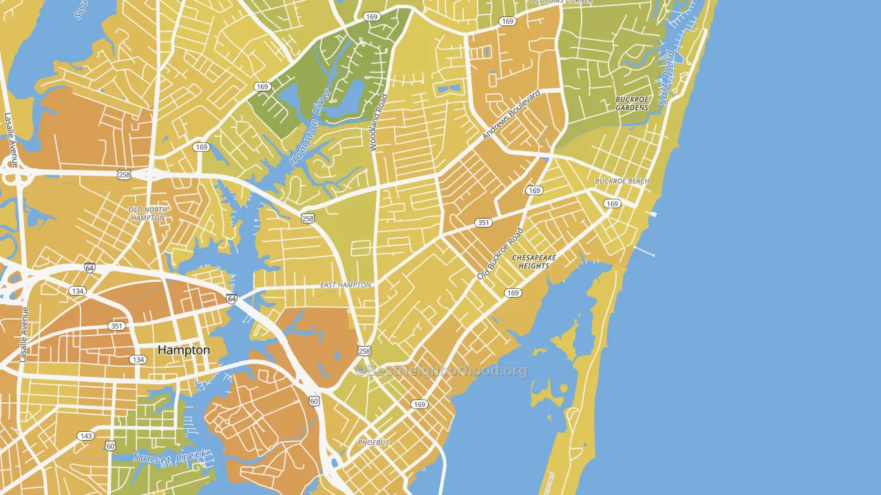 Map of the best neighborhoods in the 23663 area, with better matches in green and worse matches in red