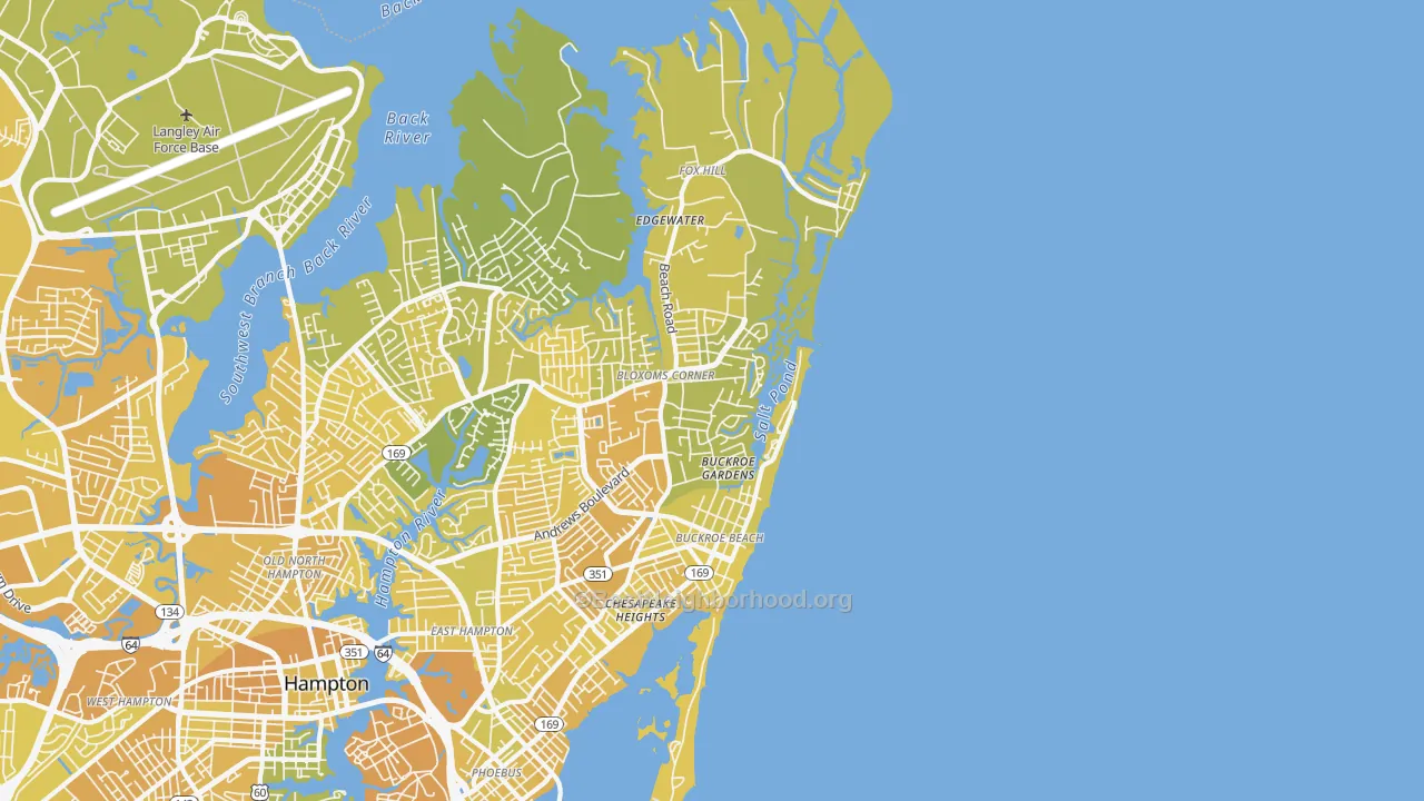 Map of the best neighborhoods in the 23664 area, with better matches in green and worse matches in red