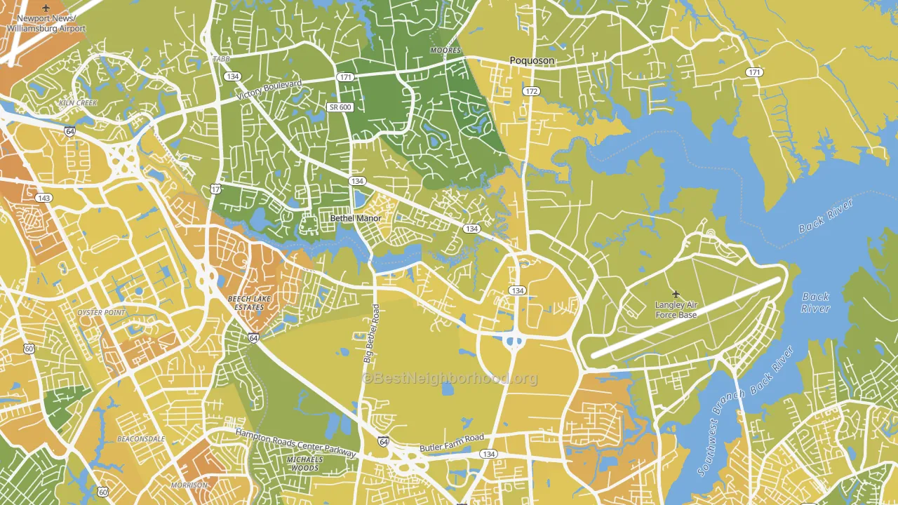 Map of the best neighborhoods in the 23665 area, with better matches in green and worse matches in red