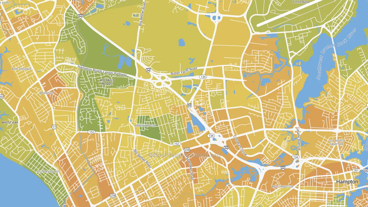 Map of the best neighborhoods in the 23666 area, with better matches in green and worse matches in red