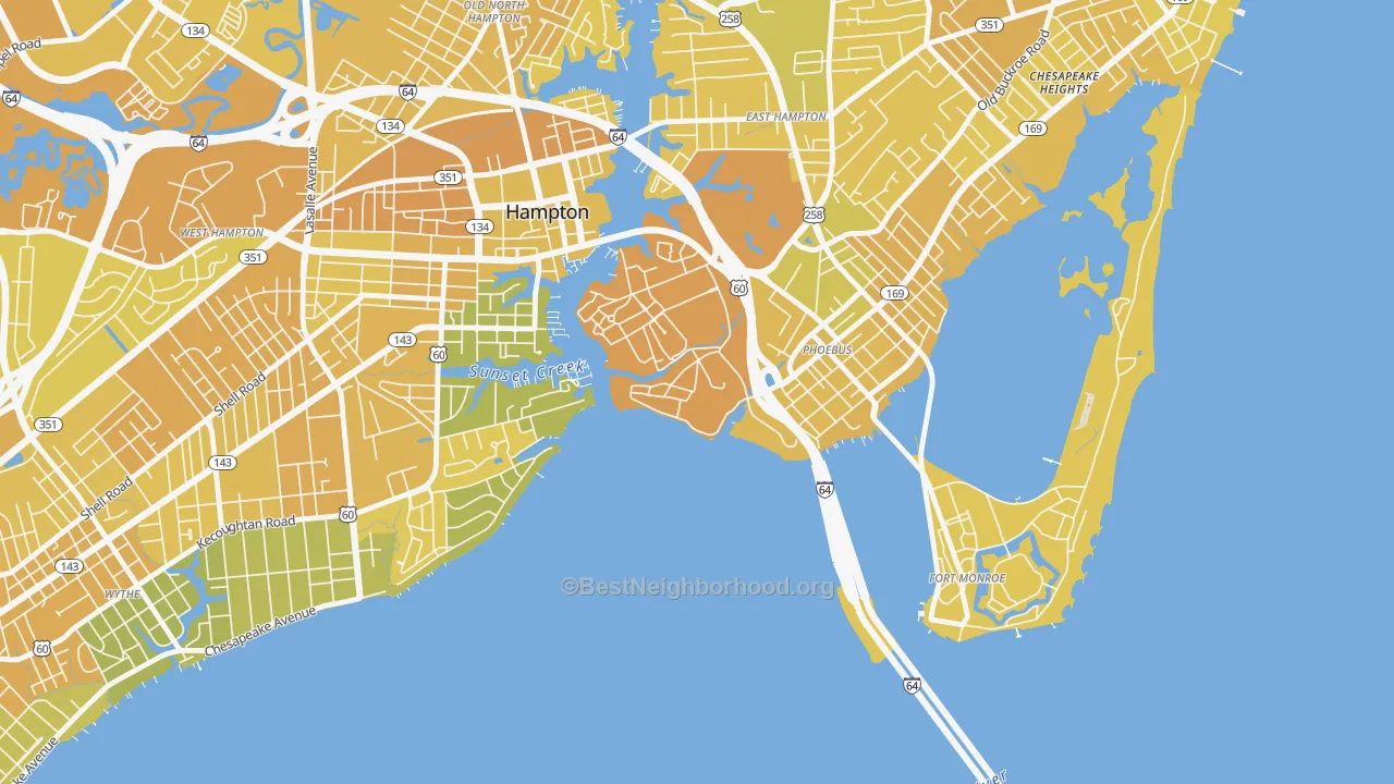 Map of the best neighborhoods in the 23667 area, with better matches in green and worse matches in red