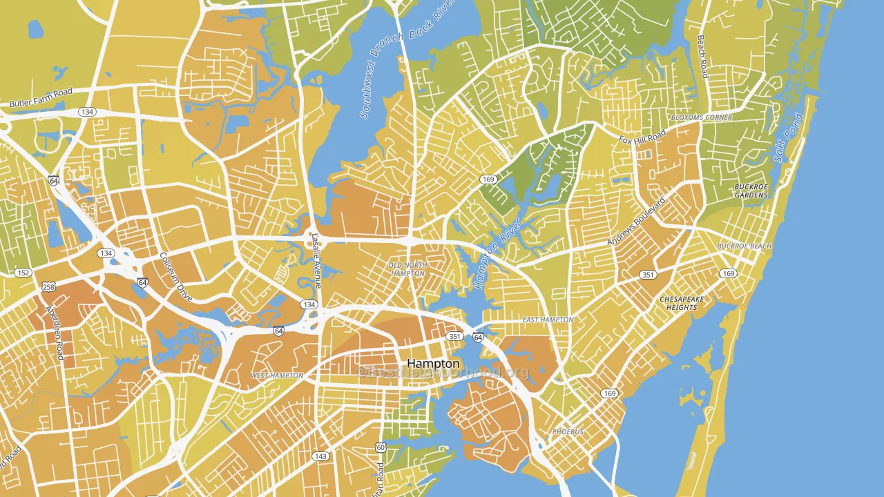 Map of the best neighborhoods in the 23669 area, with better matches in green and worse matches in red