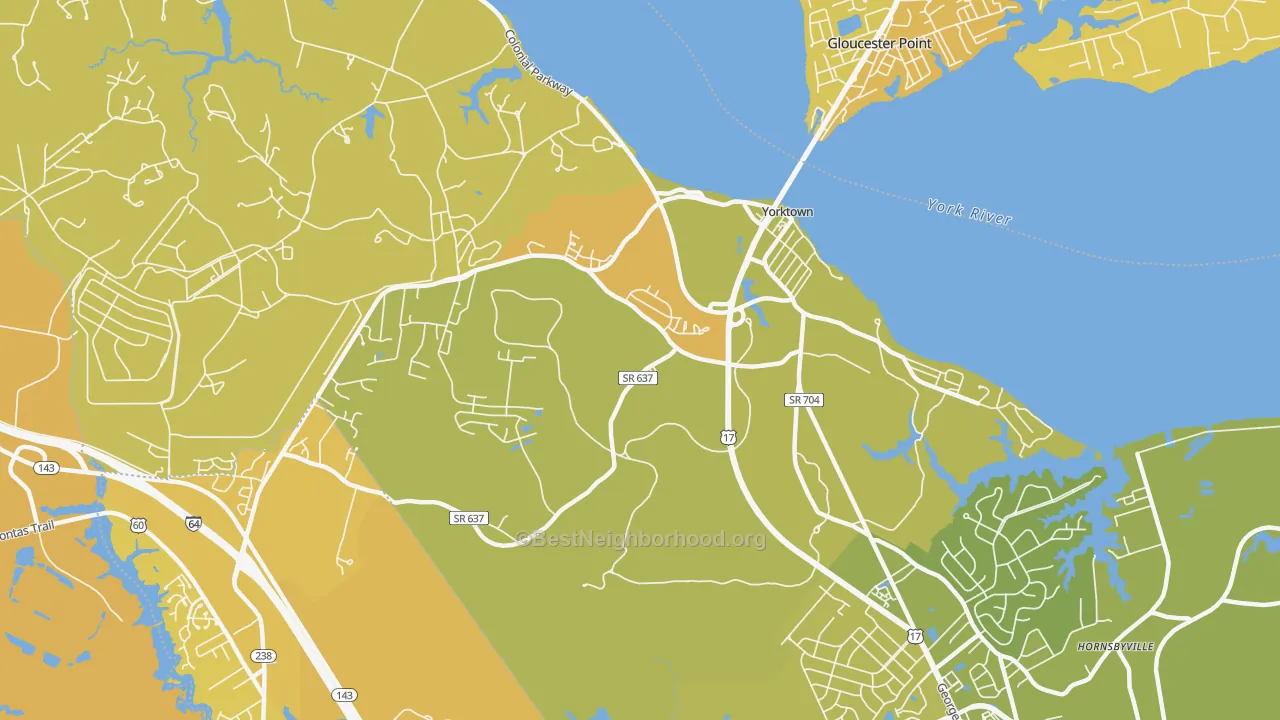 Map of the best neighborhoods in the 23690 area, with better matches in green and worse matches in red