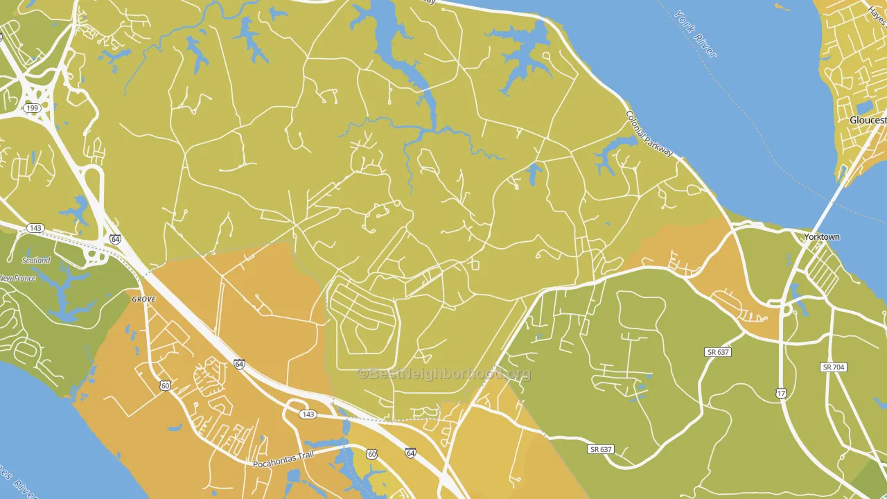 Map of the best neighborhoods in the 23691 area, with better matches in green and worse matches in red