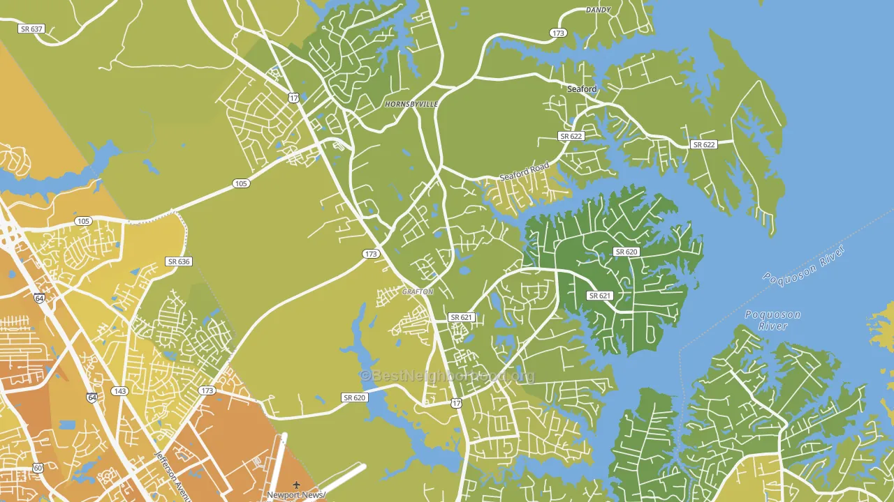 Map of the best neighborhoods in the 23692 area, with better matches in green and worse matches in red