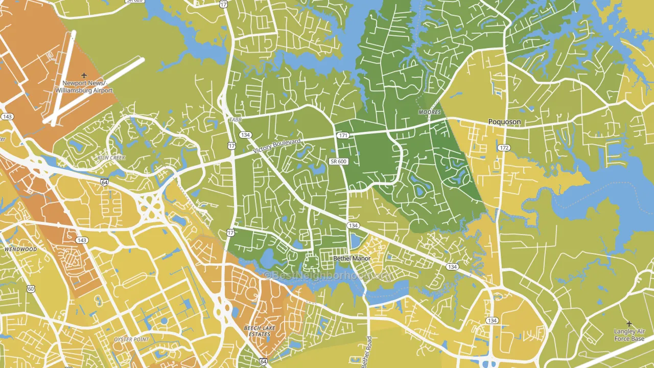 Map of the best neighborhoods in the 23693 area, with better matches in green and worse matches in red