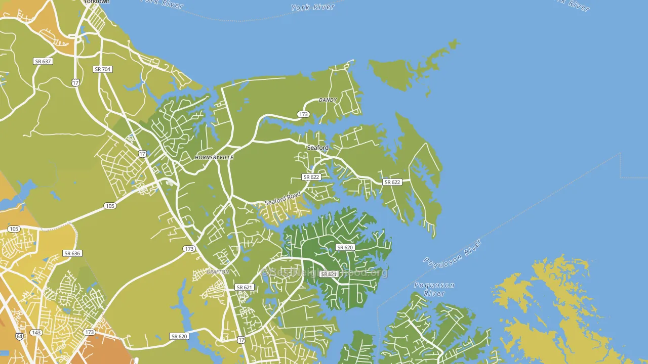 Map of the best neighborhoods in the 23696 area, with better matches in green and worse matches in red