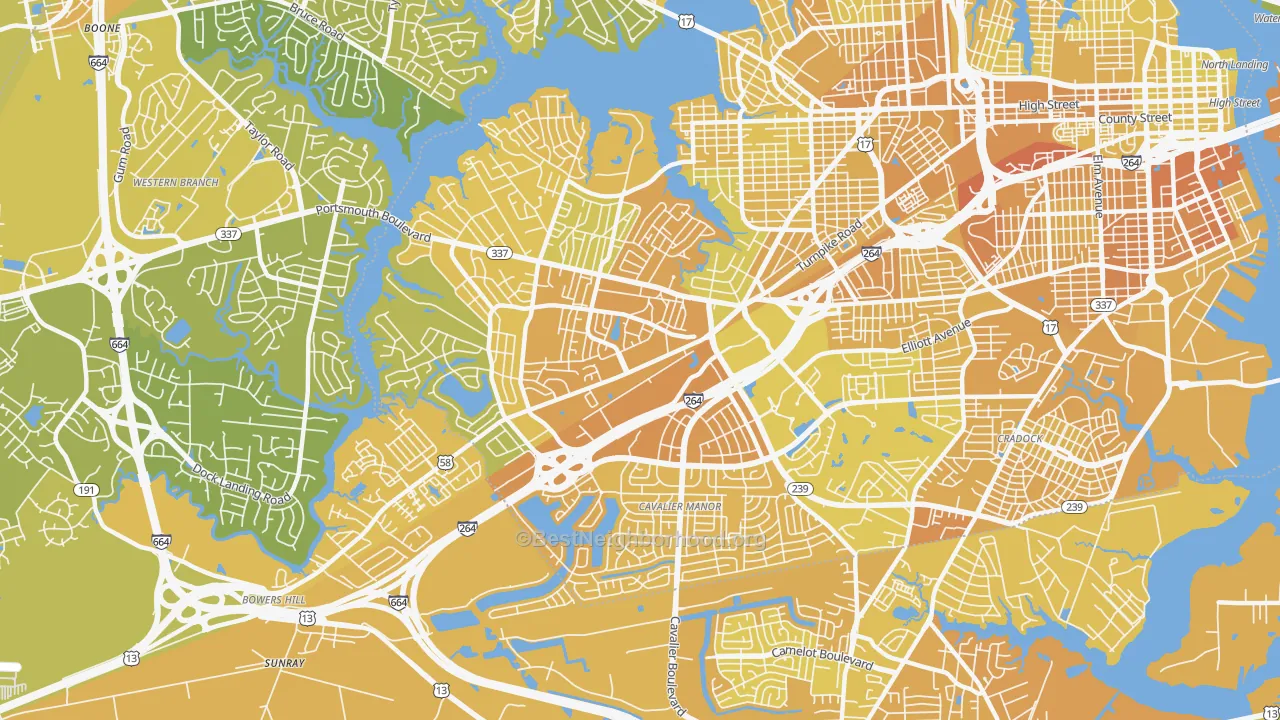 Map of the best neighborhoods in the 23701 area, with better matches in green and worse matches in red