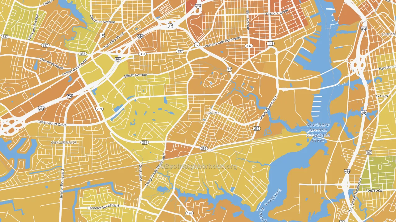 Map of the best neighborhoods in the 23702 area, with better matches in green and worse matches in red