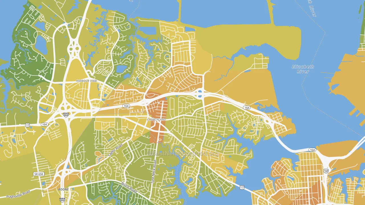 Map of the best neighborhoods in the 23703 area, with better matches in green and worse matches in red