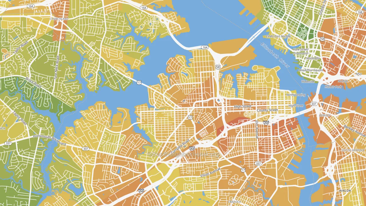 Map of the best neighborhoods in the 23707 area, with better matches in green and worse matches in red