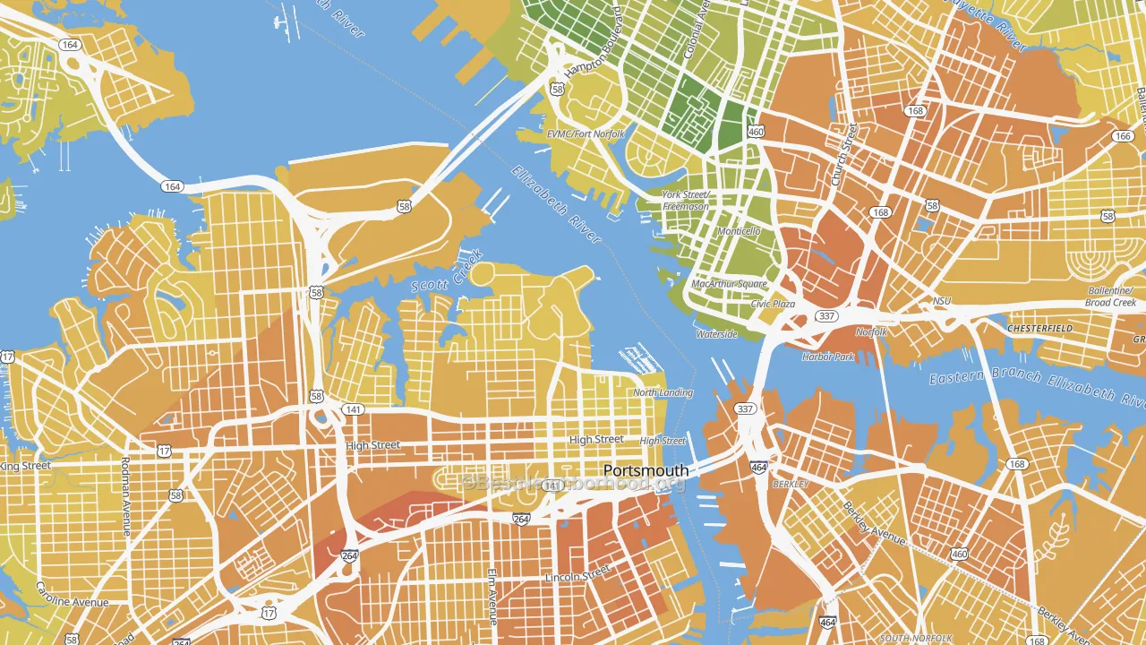 Map of the best neighborhoods in the 23708 area, with better matches in green and worse matches in red