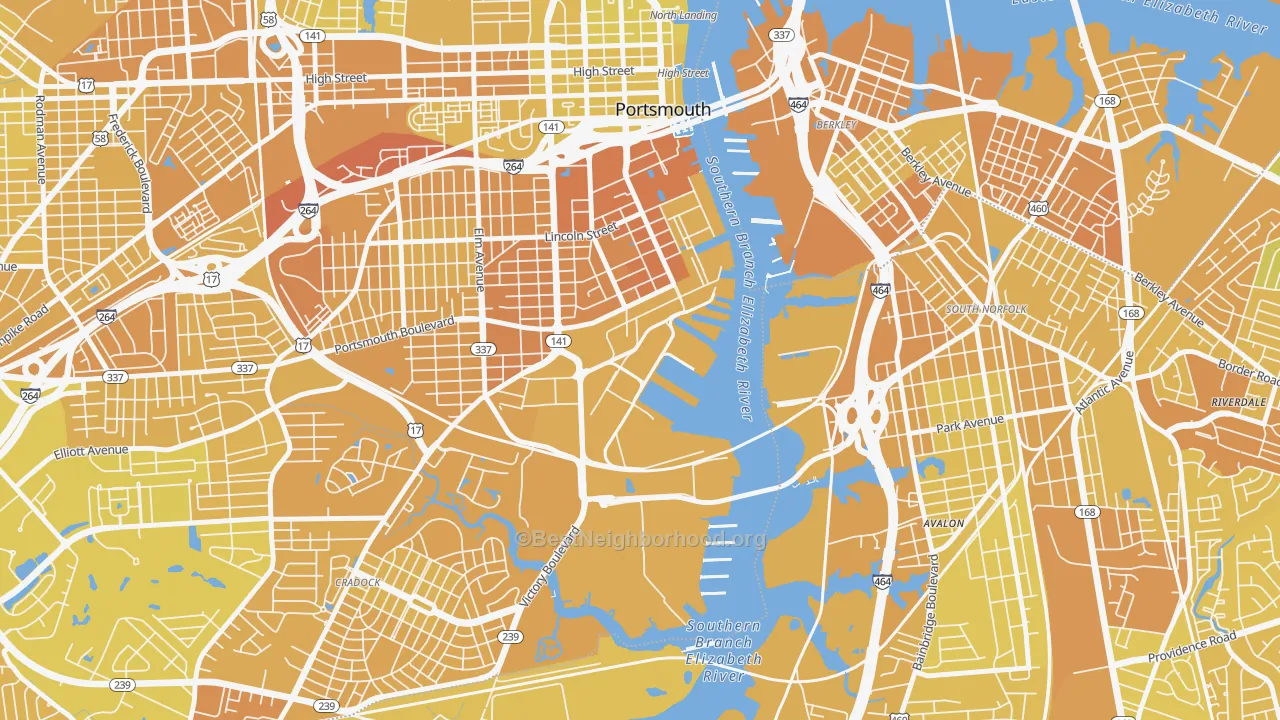 Map of the best neighborhoods in the 23709 area, with better matches in green and worse matches in red
