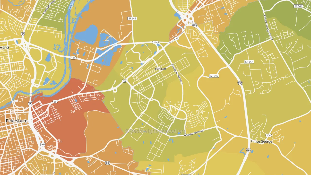 Map of the best neighborhoods in the 23801 area, with better matches in green and worse matches in red