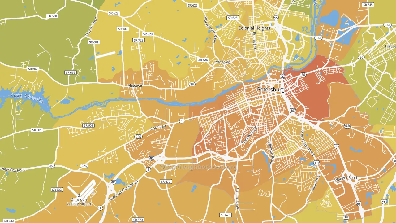 Map of the best neighborhoods in the 23803 area, with better matches in green and worse matches in red